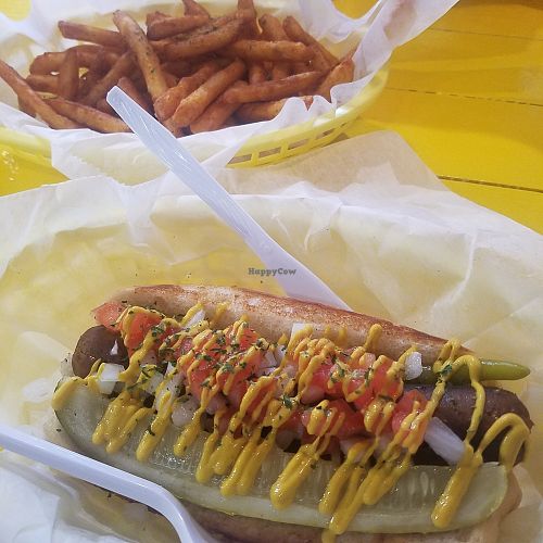 Chicago dog with their Field roast chipotle sausage.  SO good! And only a short drive off the 10 fwy. at Dat Dog in Lafayette