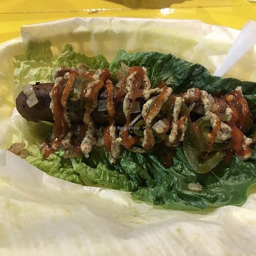 Veggie dog with lettuce  at Dat Dog in Lafayette