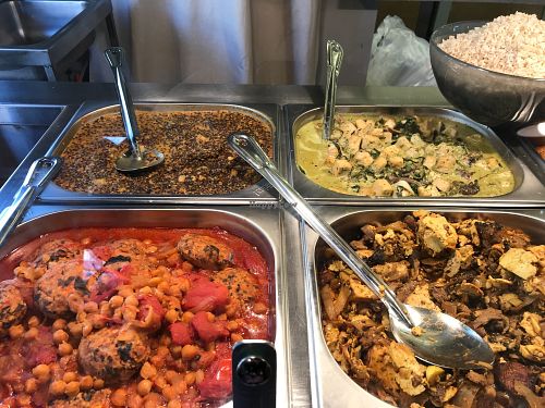 Vegan hot dishes at Meshek Barzilay Deli in Tel Aviv