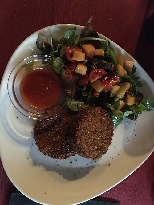 Chickpea patties and salad at Laguna Libre in Venice