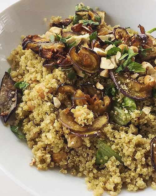Quinoa with roasted eggplant, spiced chickpeas, and cashews. at Happi in Tofo