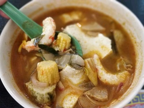tom yum seafood soup with corn and mock fish and prawn at Thai Goldmine Kitchen in Central Singapore