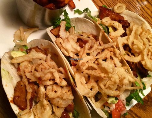 Seitan Tacos with Sweet Potato Fries at Rooster Fish Brewing Pub in Watkins Glen
