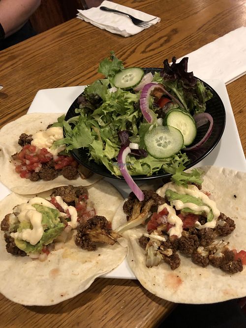 Cauliflower Tacos with Side Salad  at Rooster Fish Brewing Pub in Watkins Glen