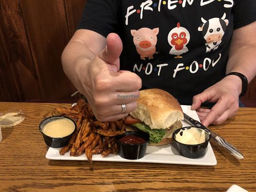 Beyond Burger with Sweet Potato Fries  at Rooster Fish Brewing Pub in Watkins Glen
