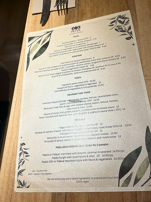 English menu at Alive in Barcelona