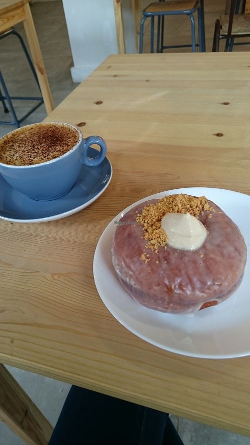 Cappuccino with baileys cheescake doughnut at Dough Society in East London