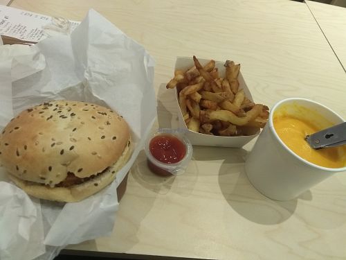 Vegan menu (vegetarian burger with carrot coconut pumpkin soup & fries) at Restaurant VF in Nantes