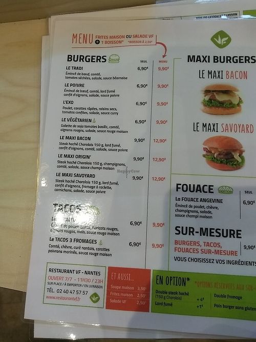 For the menu, if you prefer the soup instead of the soda drink you could choose the 'vegetarian burger' and add +1euro for the soup so 10,90 at Restaurant VF in Nantes