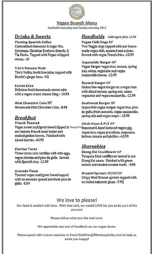 Vegan brunch menu as of 3/8/2020 at Terry's Terrace in Harrison Charter Township