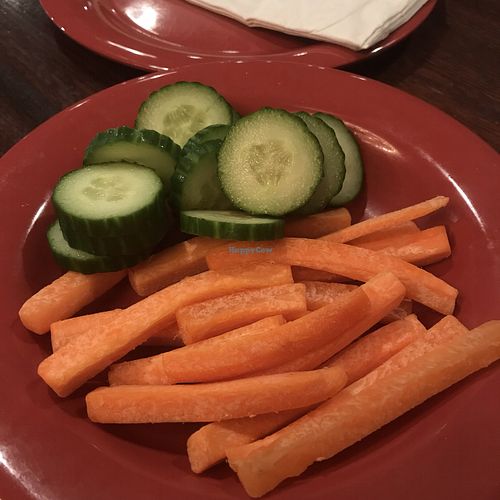 the side of carrots and cucumbers that comes with the hummus is HUGE at Tomato Bar Pizza Bakery in Valparaiso