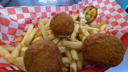 Mac-n-cheese balls and skinny fries at Lord of the Fries in Glenelg