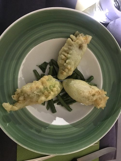 Zucchini blossoms filled up with chickpea&rosmarin cream at Sesamo Nero in Pescara