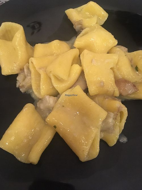 Homemade saffron paccheri with artichoke and mushrooms  at Sesamo Nero in Pescara