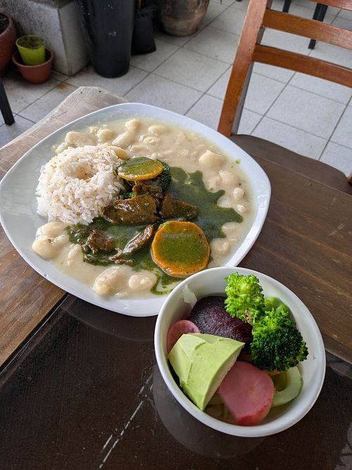Pallares, rice, mock meat, veggies at Vida Saludable in Ayacucho