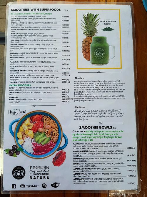 menu at Costa Juice in Jaco