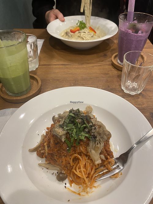 Vegan green curry pasta and tomato pasta both gluten free  at Where is a Dog in Tokyo