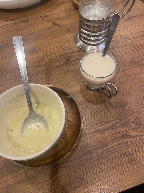 Soup and brown rice drink with hot water to water down the syrup   at Where is a Dog in Tokyo