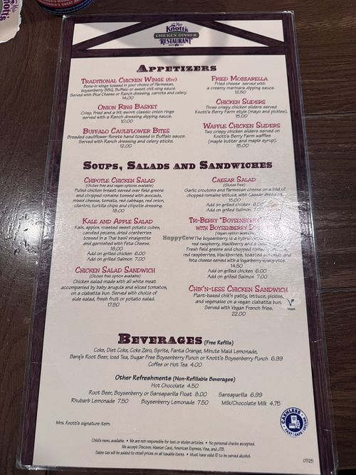Menu as of Oct 2025  at Knott's Berry Farm - Mrs. Knott's Chicken Dinner Restaurant in Buena Park