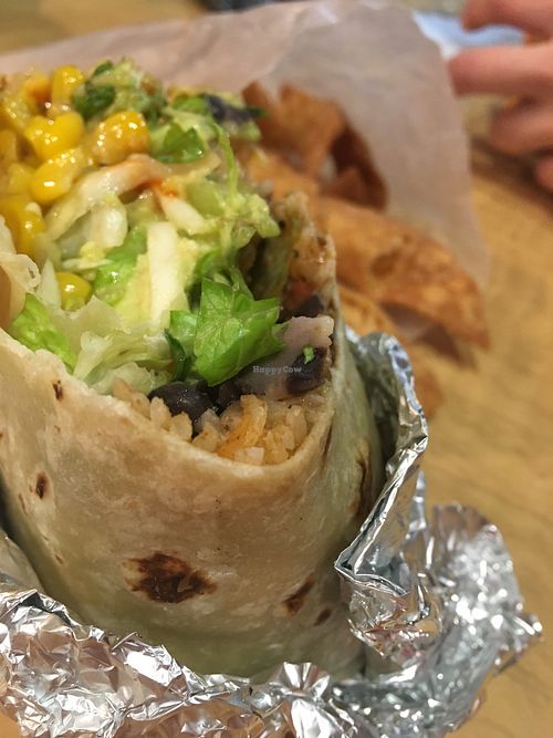 Vegan burrito & cinnamon sugar chips  at Cilantro Restaurant in Manchester Center