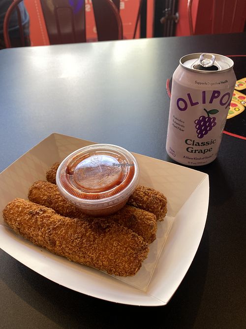 Vegan Mozzarella Cheese Sticks w/Sauce and Pop (~$20)  at Bizza in San Francisco