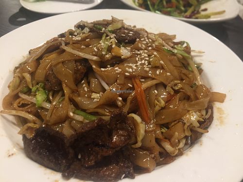Stir-fried rice noodles with veg beef at Harmony Village Vegetarian in Hong Kong Island