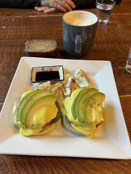 No egg Benny and gyoza   at SaVeg Cafe in Calgary