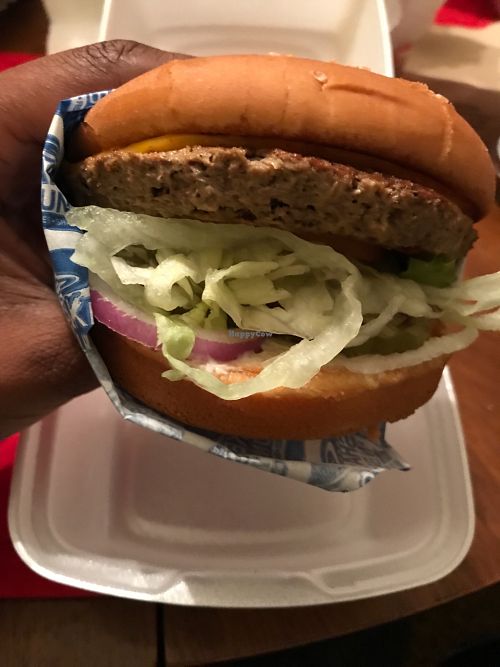 Close up of the vegan impossible burger at Shake 'N Buns in Bakersfield