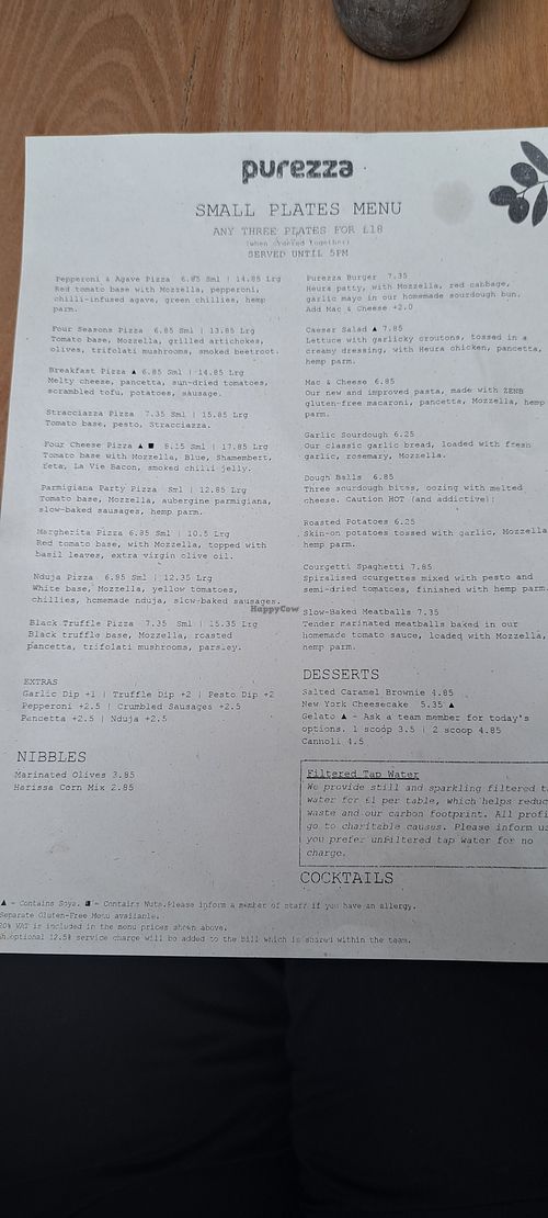 Small plates menu (March 2023) at Purezza Camden in London