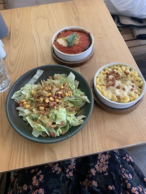 Mac & cheese, parmigiana & caesar salad (all gf)  at Purezza Camden in London