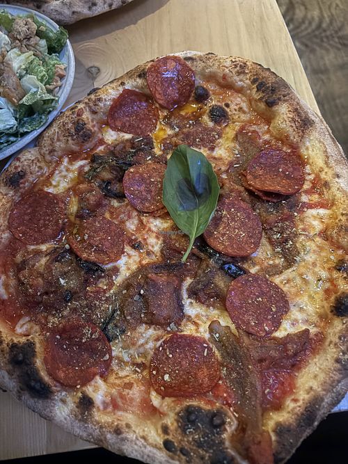 Aubergine Parmigiana Pizza w/ Pepperonii  at Purezza Camden in London