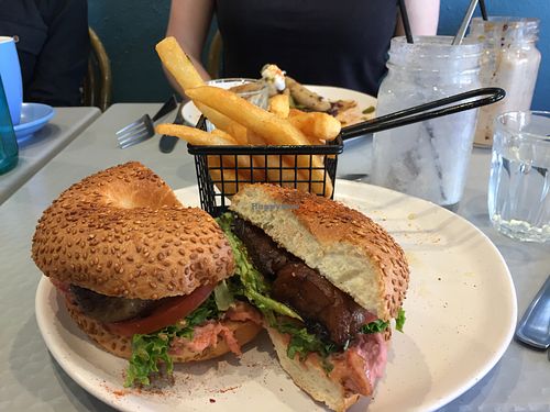 Vegan burger and fries at Coffee Room in Canberra