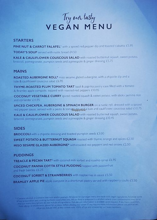 Vegan Menu at Ye Olde Six Bells in Horley