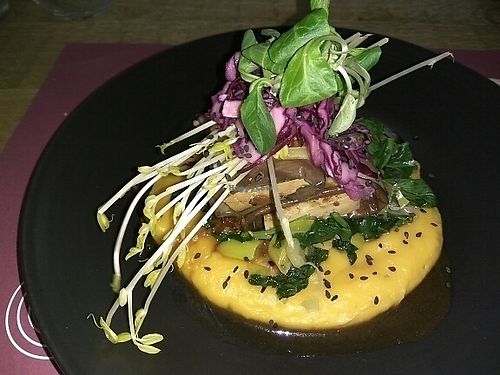 rollos de berenjena con tofu sobre salsa de coco y calabaza at Beet Vegetariano in Torrevieja