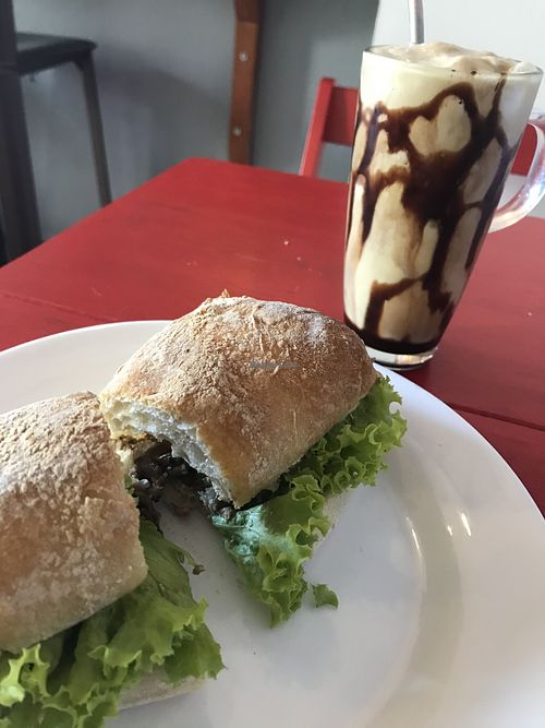 Mushroom ciabatta and coconut-coffee shake at Cafe Lumiere in Recife