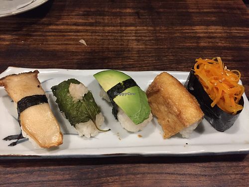 Seasonal veggie sushi (mushroom, shiso leaf, avocado, inari, carrot) at Itadakizen in Kyoto