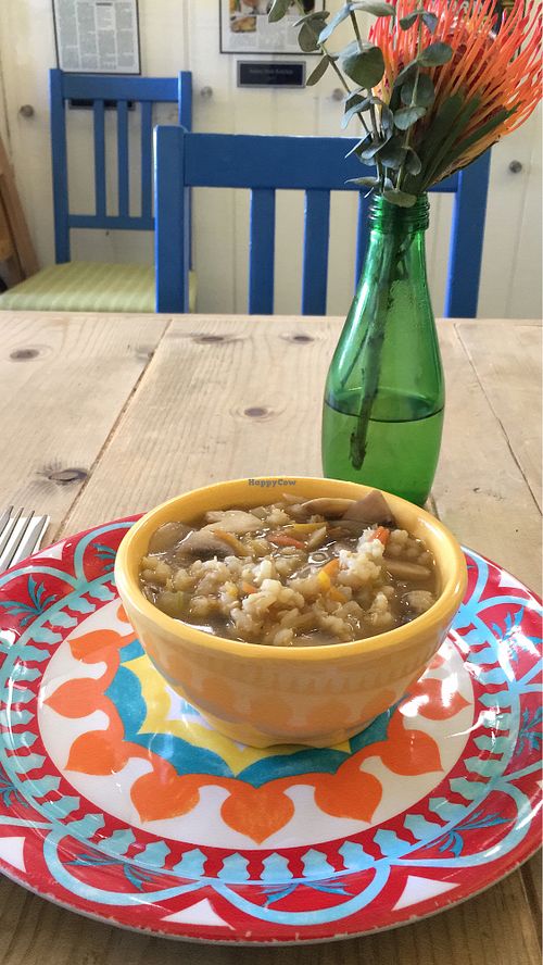 Their Mushroom Barley Soup is vegan! at Sunny Side Kitchen in Escondido