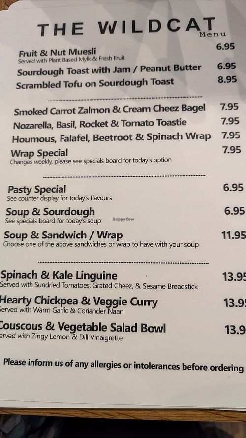 July 2024 menu at The Wildcat in Fort William