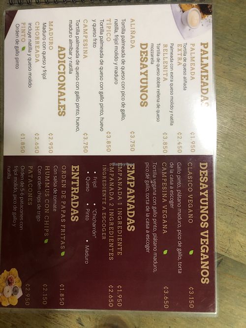 Updated menu  at Palmeadas in San Pedro