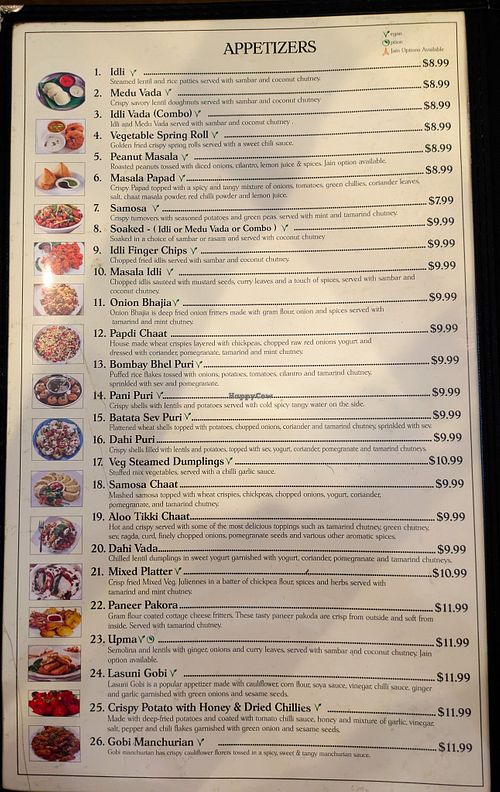 Menu page at Dosa Delight at Dosa Delight in Jackson Heights