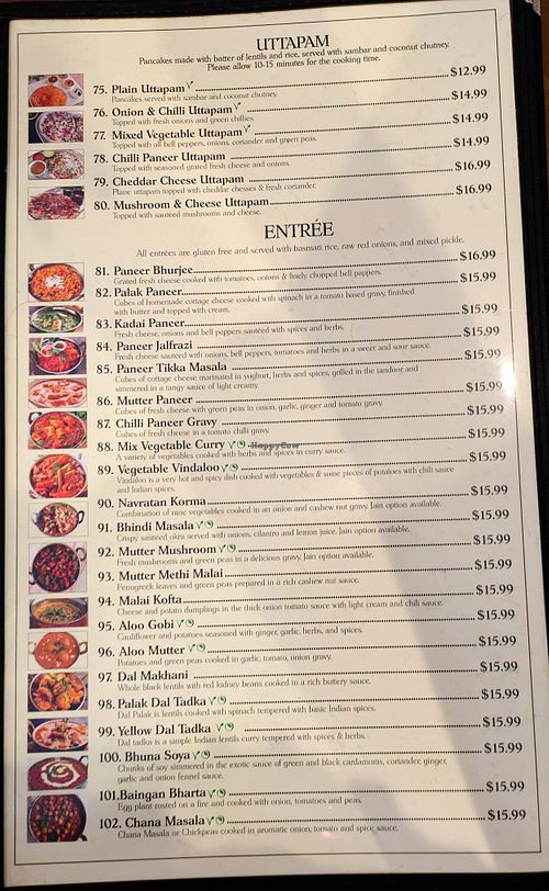 Menu page at Dosa Delight at Dosa Delight in Jackson Heights