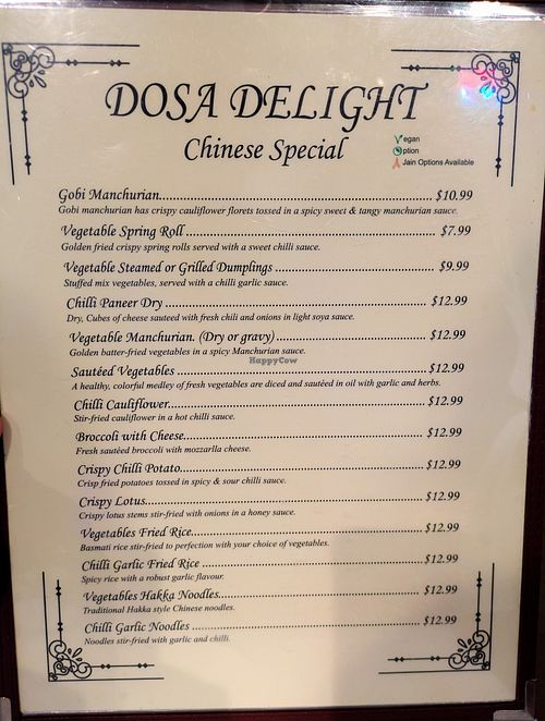 Menu page at Dosa Delight at Dosa Delight in Jackson Heights
