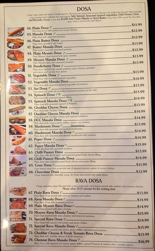 Menu page at Dosa Delight at Dosa Delight in Jackson Heights