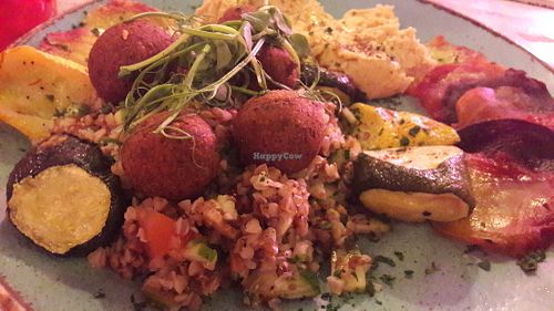 Spicy falafels with chargrilled courgettes & salt baked beetroot at Into The Woods in Manchester