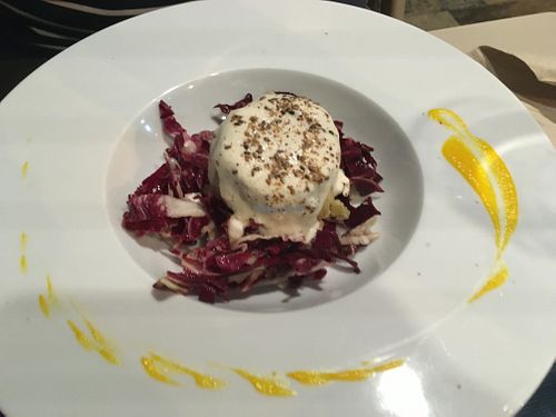 Leek flan with radischio at Apriti Sesamo Cucina Naturale Bioenegetico in Parma