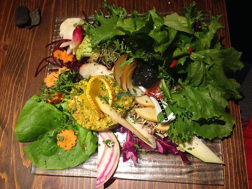 "Cru et Vivant" - dish of raw fruits and vegetables with a delicious poppy seed "nut butter" at Toutes Les Couleurs in Lyon