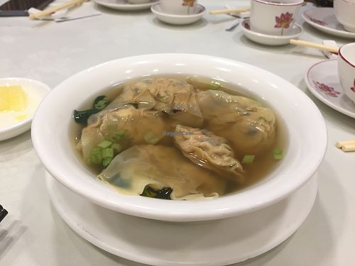 Cantonese dumplings with vegan shrimp and celery in soup - delicious  at Three Virtues 三德食品 - North Point in Hong Kong Island