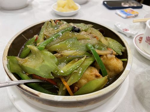 Tofu puffs, bitter gourd and green pepper in black bean sauce - yummy. Recommended if you like bitter gourd   at Three Virtues 三德食品 - North Point in Hong Kong Island