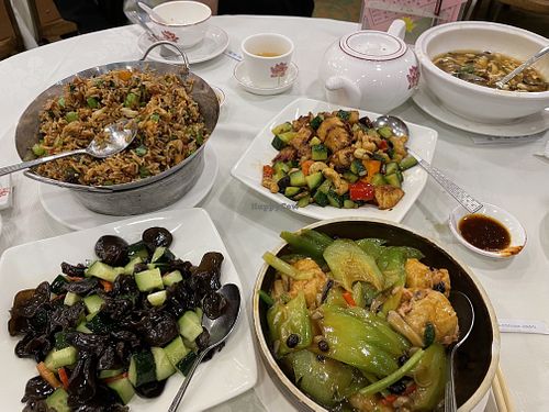 Another banging family dinner - hot and sour soup; cold starter fungus and cucumber; cashew nut monkeyhead mushroom Sichuan dish; fried rice dish; bitter gourd with tofu😄  at Three Virtues 三德食品 - North Point in Hong Kong Island