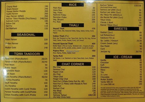 Menu at Hotel Deurali and Mithai 'n' Snacks in Pokhara